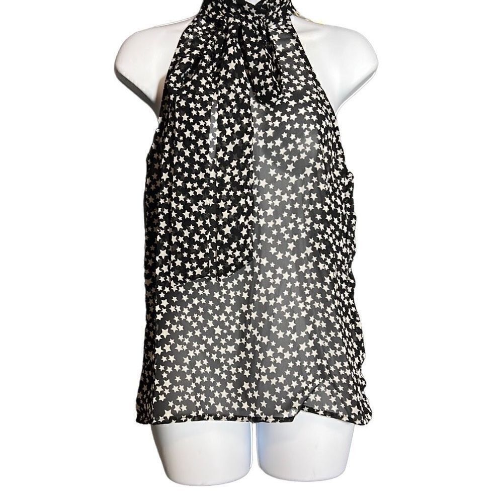Elan Women's High Neck Sheer Star Print Halter Top Black Size M NWT